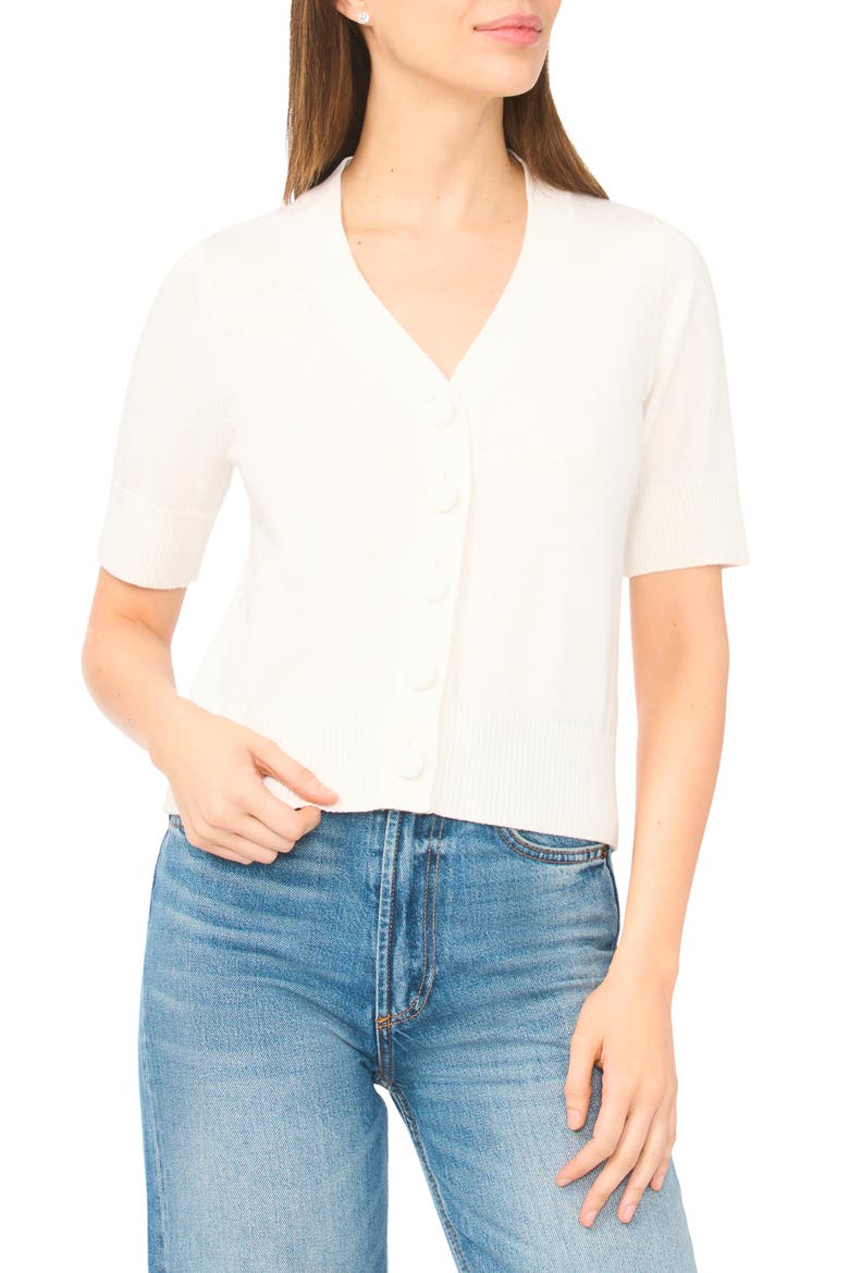 Covered Button Short Sleeve Cardigan, Main, color, ANTIQUE WHITE