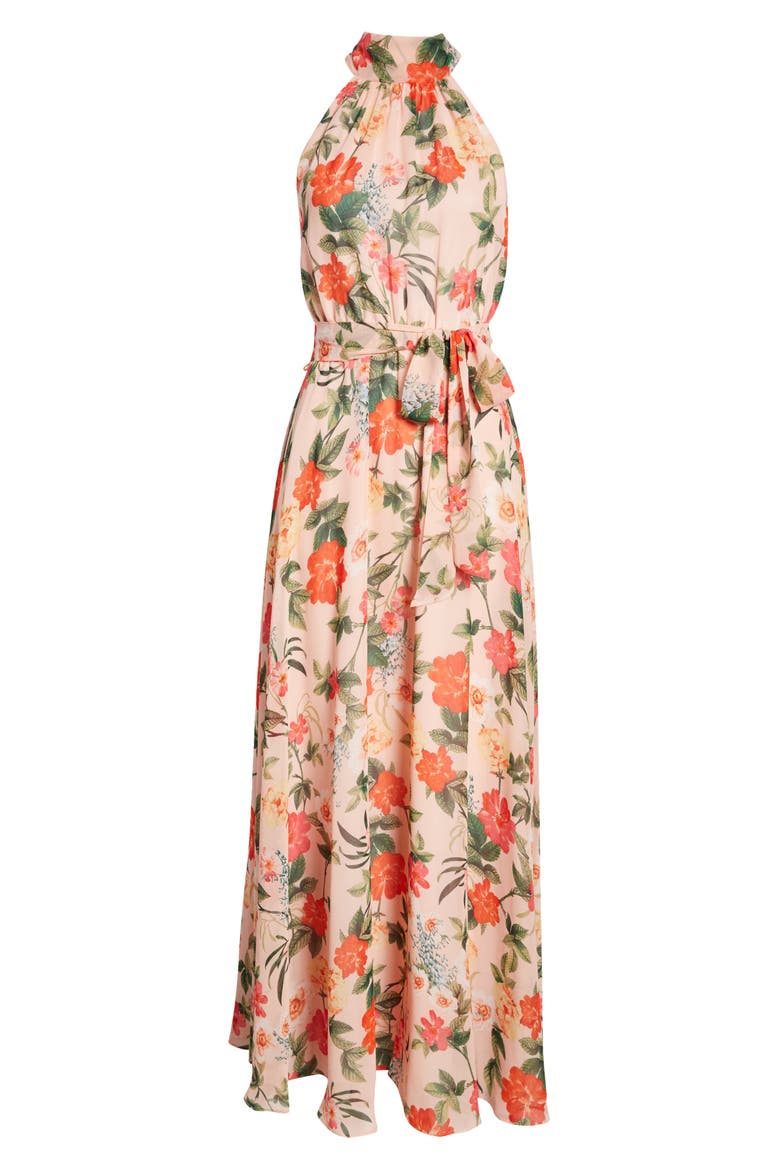 eliza j floral print chiffon halter maxi dress Eliza J Floral Chiffon Ruffled Halter Maxi Dress
