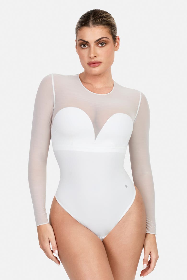 Sheer Mesh Sultry Date Night & Cocktail Long Sleeve Bodysuit, Alternate, color, Ivory