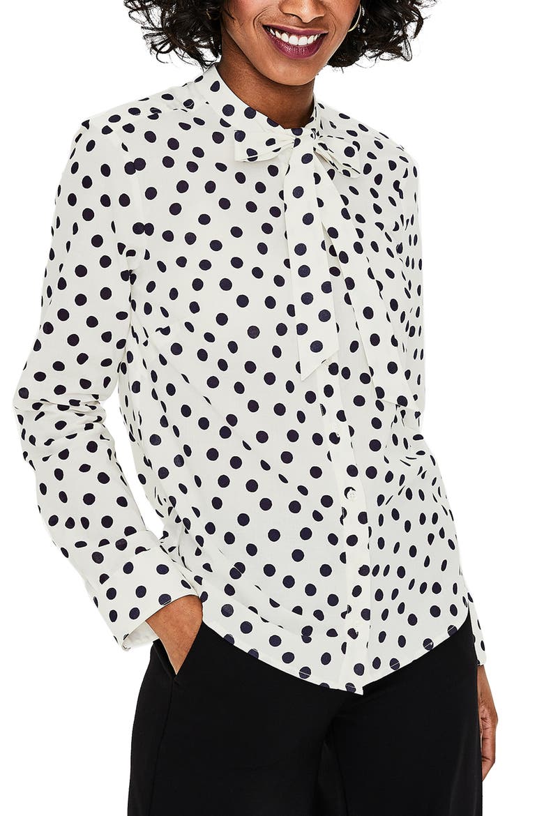 Tie Neck Shirt, Main, color, IVORY AND NAVY DOTTY SPOT