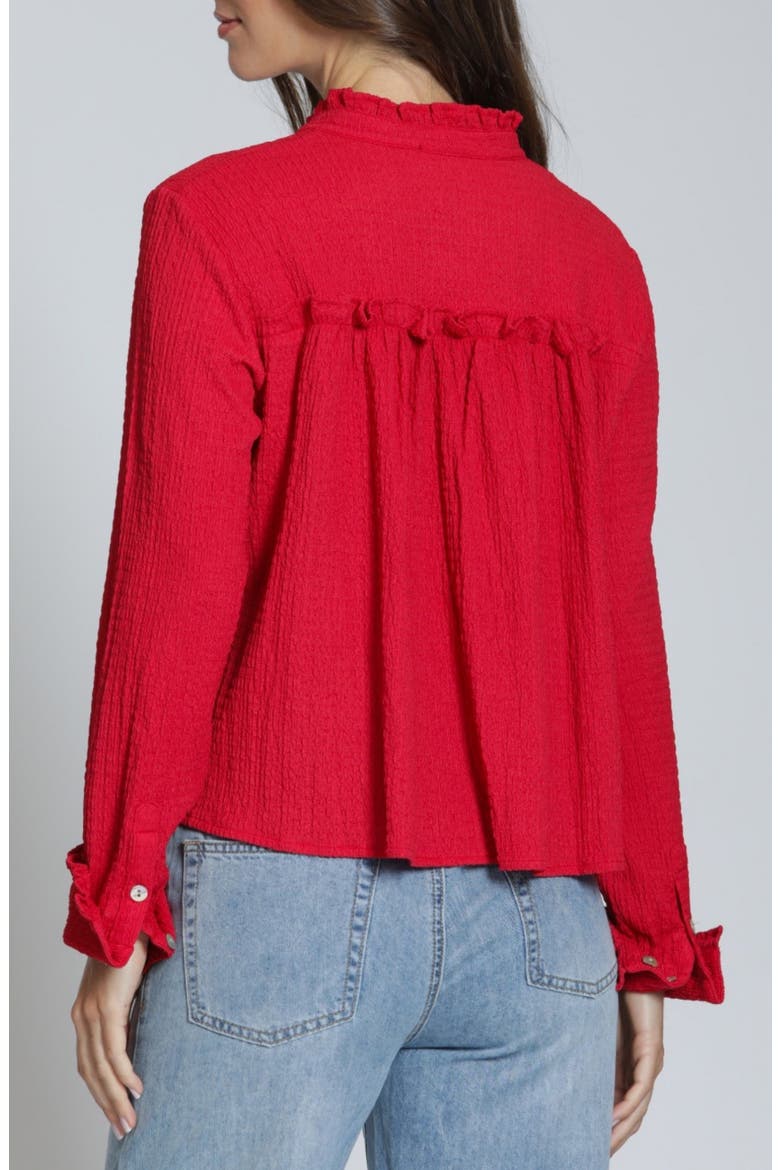 Ruffle Long Sleeve Crop Button-Up Shirt, Alternate, color, RED