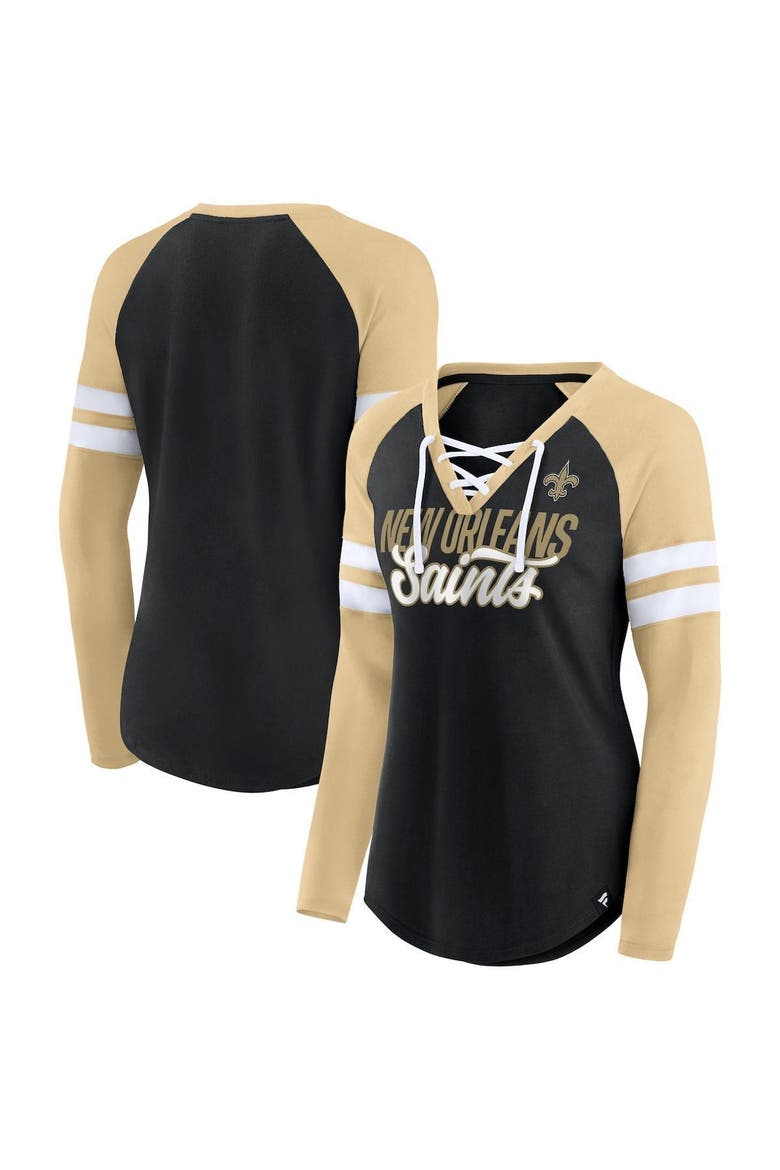 Women's Fanatics Branded Black/Gold New Orleans Saints True to Form Raglan Lace-Up V-Neck Long Sleeve T-Shirt, Main, color, Black