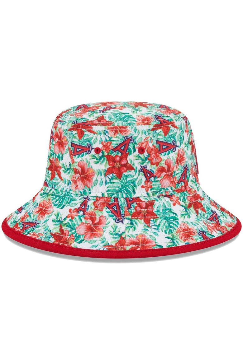 Men's New Era Los Angeles Angels Tropic Floral Bucket Hat, Alternate, color, Red
