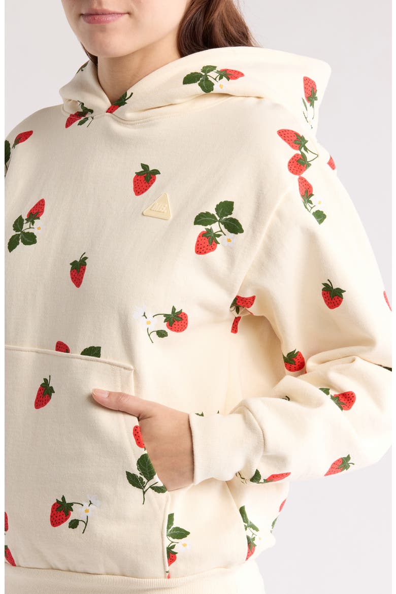 Strawberry Print Cotton Hoodie, Alternate, color, BUTTERCREAM