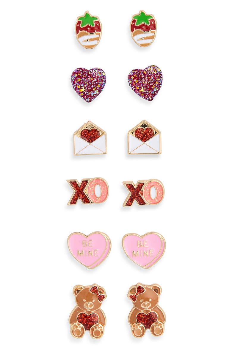 Valentine's Day Set of 6 Stud Earrings, Main, color, RED MULTI- GOLD