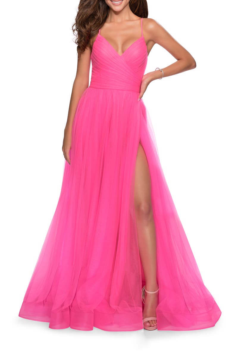 La Femme Long Tulle A-line Gown with Side Slit and Pockets, Main, color, Neon Pink
