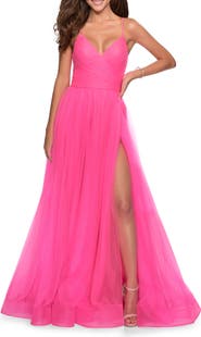 La Femme Long Tulle A-line Gown with Side Slit and Pockets