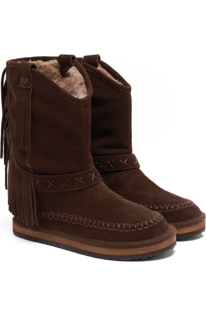 Free People Faye Fringe Faux Fur Boot, Alternate, color, Chocolate Suede