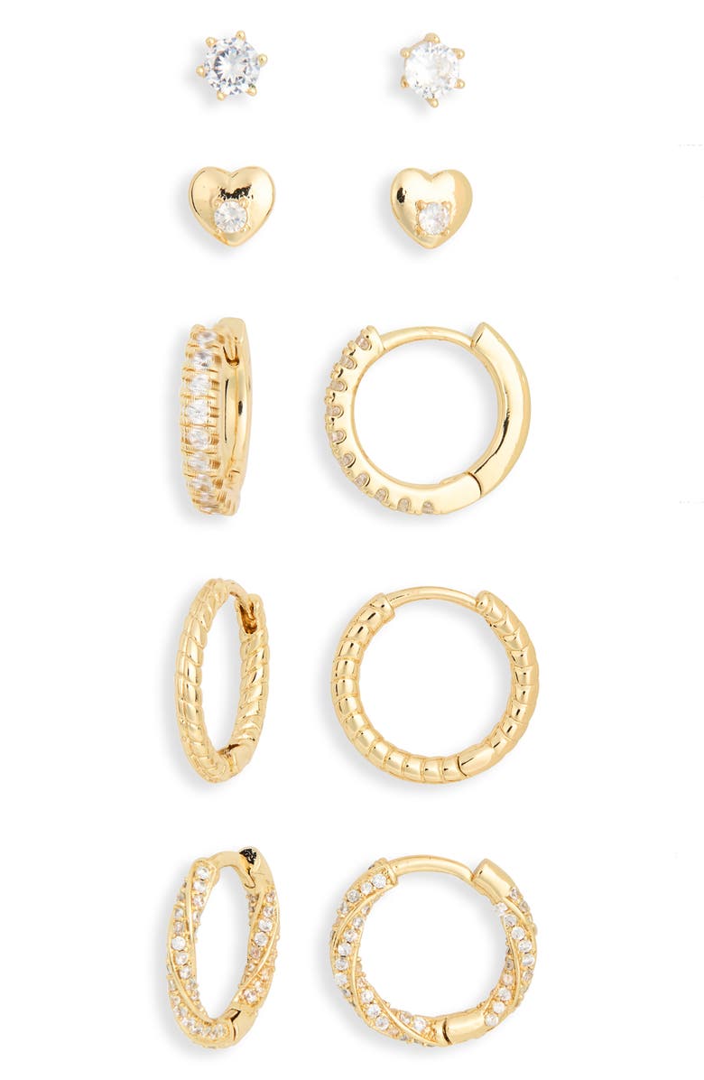 Leith 5-Pack Hearts Hugs & Studs Earrings Set, Alternate, color, Clear- Gold