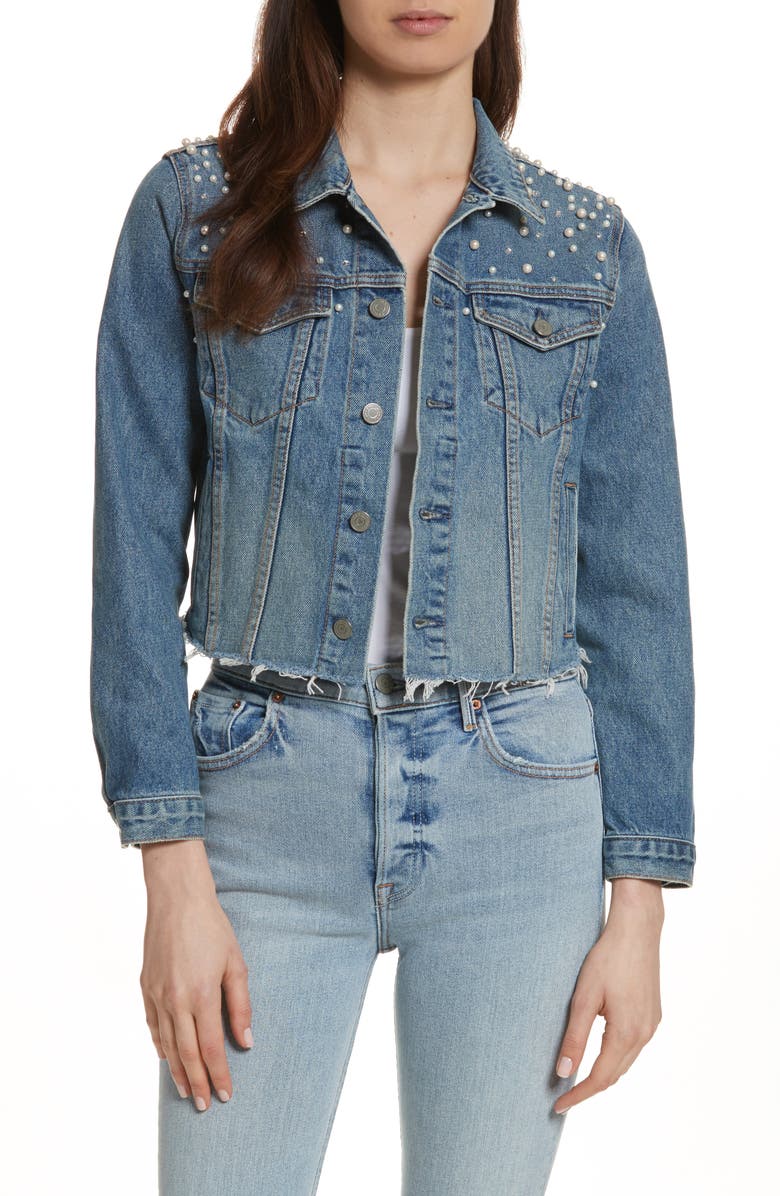 GRLFRND Eve Faux Pearl & Crystal Embellished Crop Denim Jacket, Main, color,