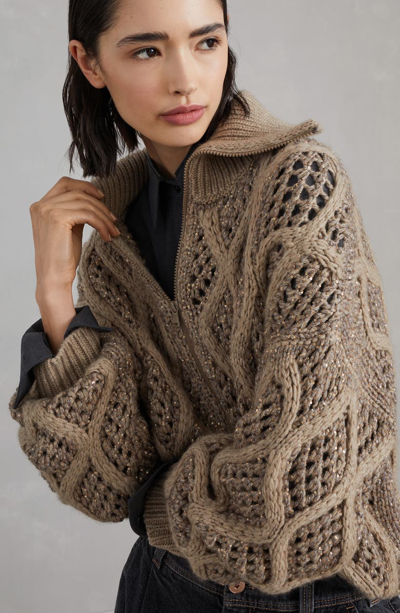 Brunello Cucinelli Dazzling Net & Cable cardigan, Alternate, color, 