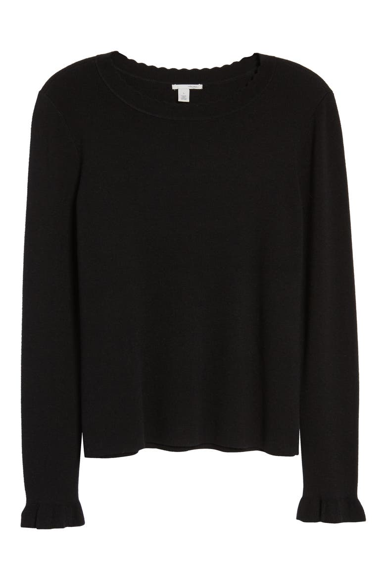 Scallop Trim Sweater, Alternate, color, BLACK