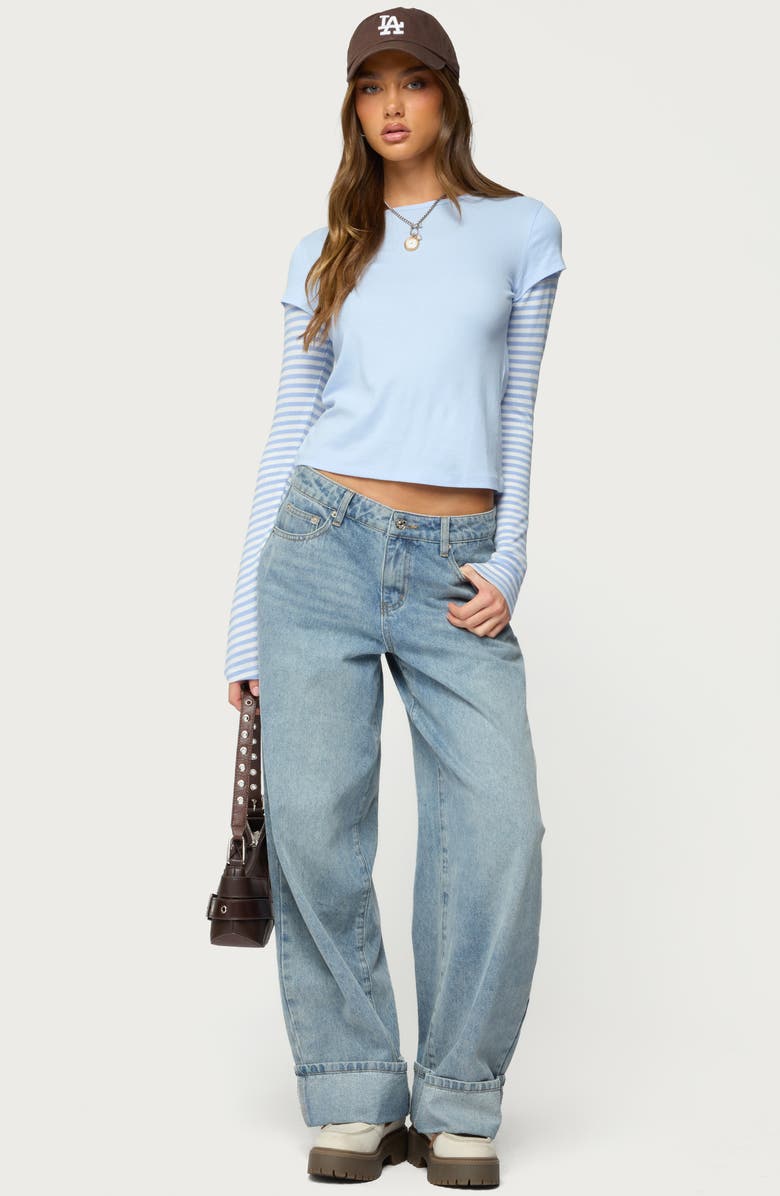 EDIKTED Stripey Layered Crop T-Shirt, Alternate, color, Light-Blue