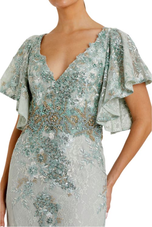 Mac Duggal Flutter Sleeve Embellished Lace Trumpet Gown In Seafoam