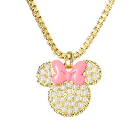 Minnie Mouse Necklace 16" + 2", 18k Gold Flash Plated, Pave Pearls