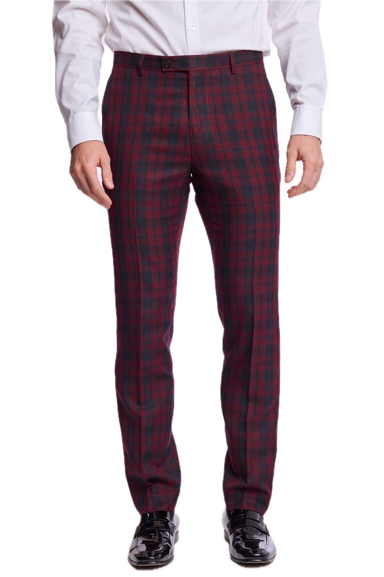 Sloane Slim Fit Plaid Tuxedo Pants, Main, color, BURGUNDY BLACK TARTAN