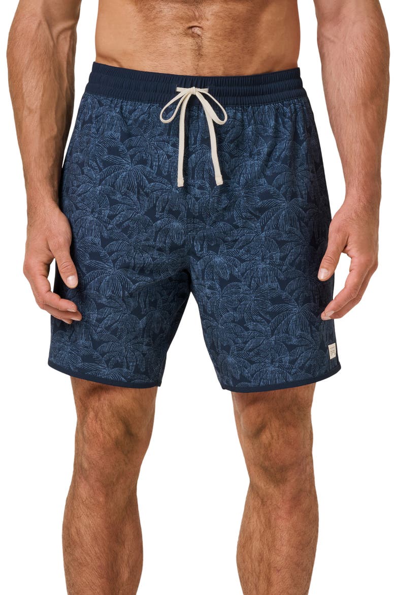 Tidal Whisper Palm Tree Print Swim Trunks, Main, color, TOTAL ECLIPSE