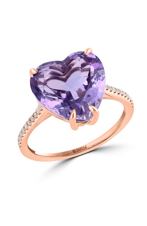 14K Rose Gold Diamond, Pink Amethyst Heart Ring