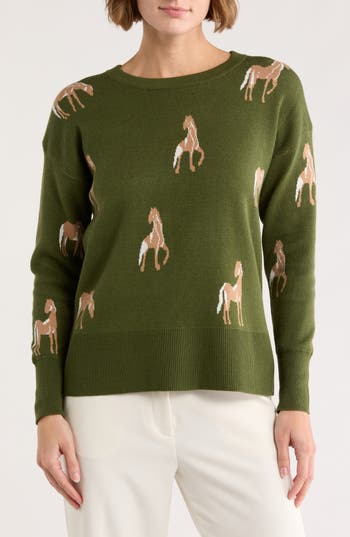 T Tahari Horse Crewneck Sweater In Green