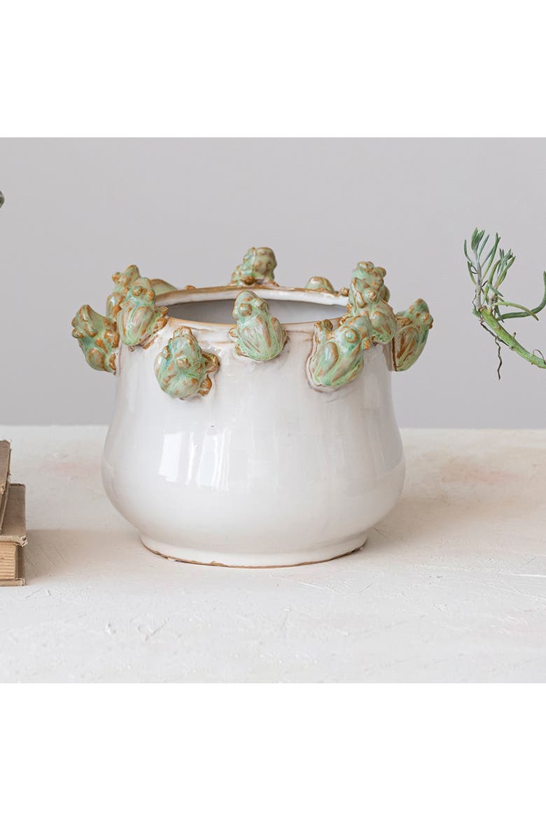 Planter with Frog Figurine Rim, Alternate, color, White