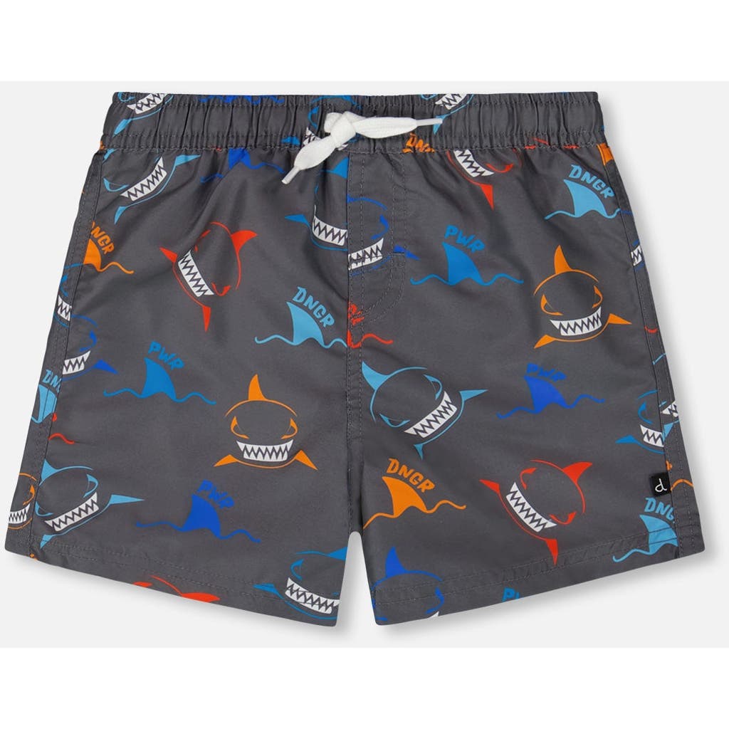 Deux Par Deux Little Boy's Printed Boardshorts Orange, Red, And Blue Sharks On Gray In Orange Red And Blue Sharks