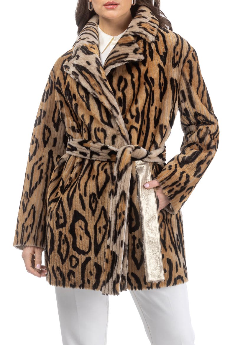 Reversible Select Grooved Genuine Shearling Coat, Belt, Main, color, Ocelo Print/Gold
