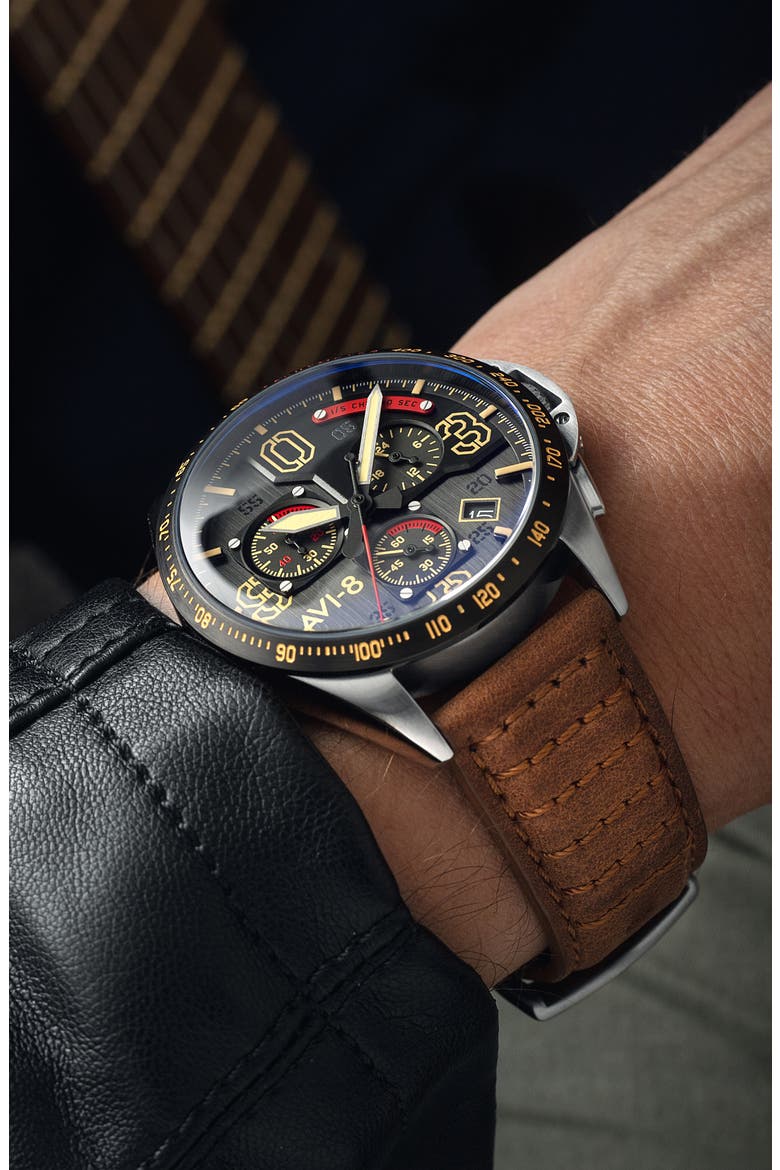 P-51 Mustang Blakeslee Chronograph Leather Strap Watch, 43mm, Alternate, color, BLACK