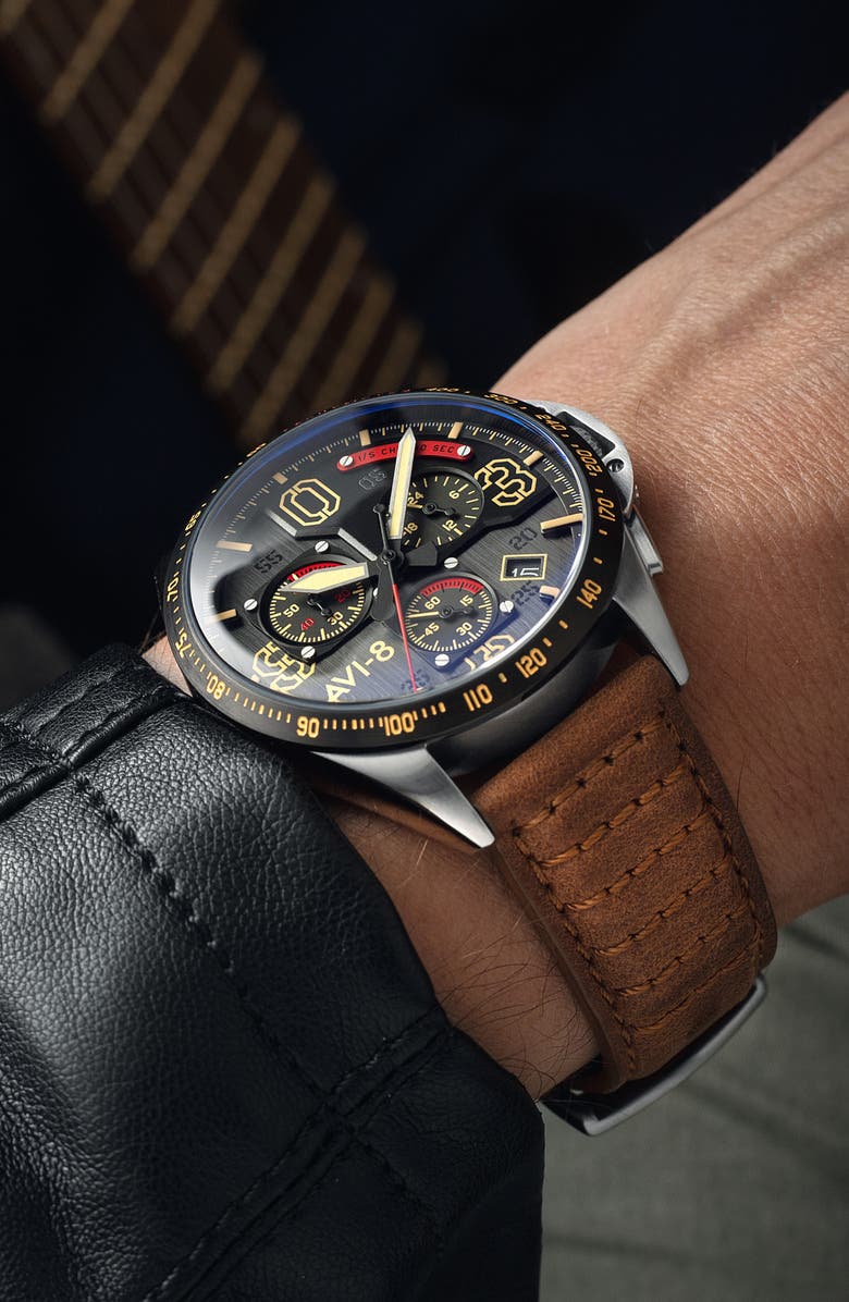 AVI-8 P-51 Mustang Blakeslee Chronograph Leather Strap Watch, 43mm, Alternate, color, Black