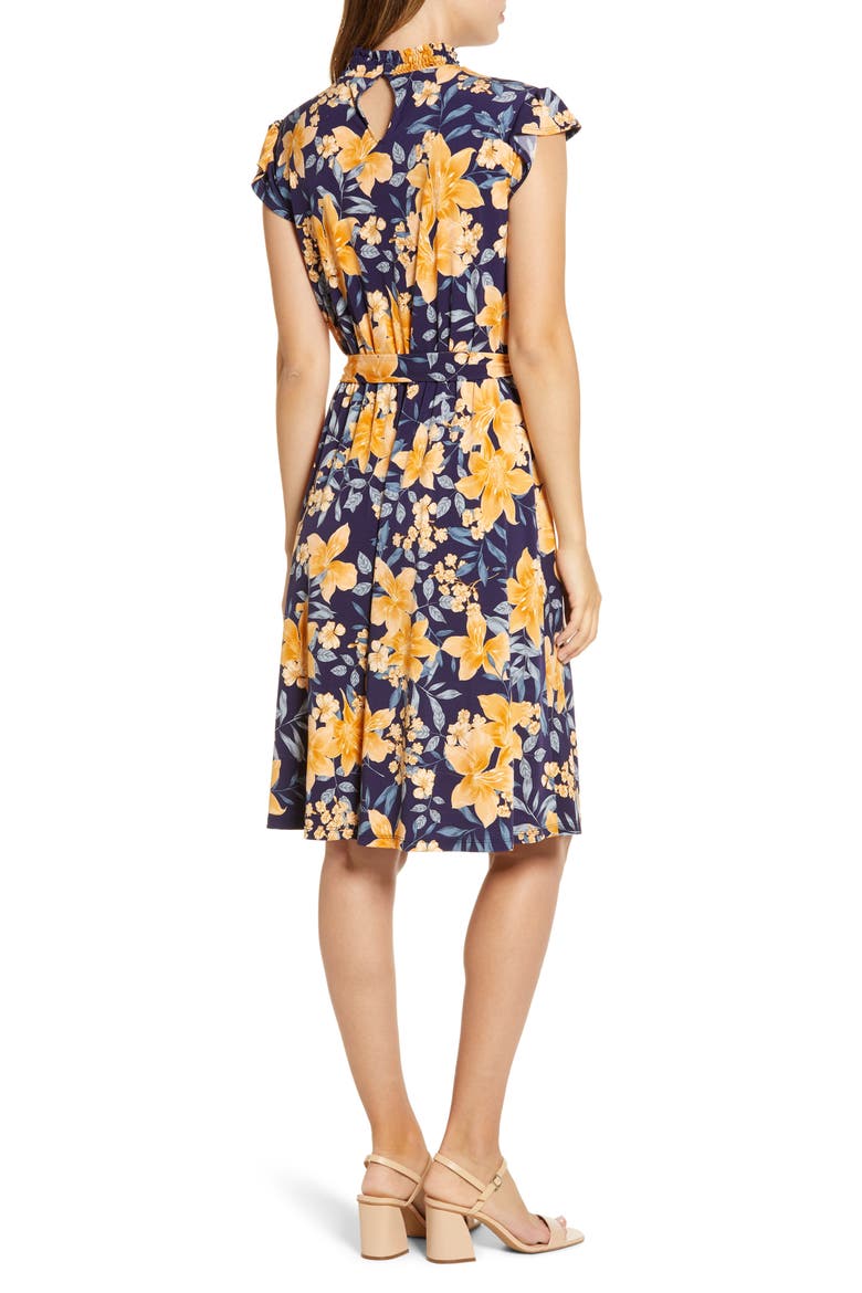 Floral Print Belted A-Line Dress, Alternate, color, NAVY/ GOLDEN YELLOW