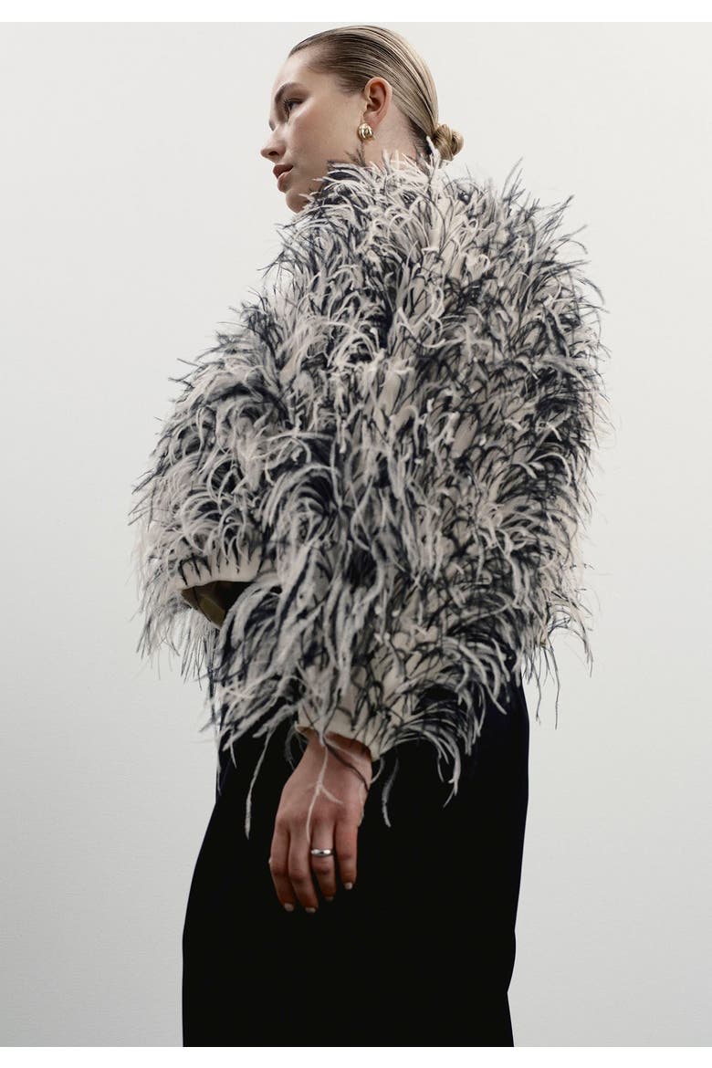Ostrich Feather Cropped Jacket, Alternate, color, CREAM AND BLACK