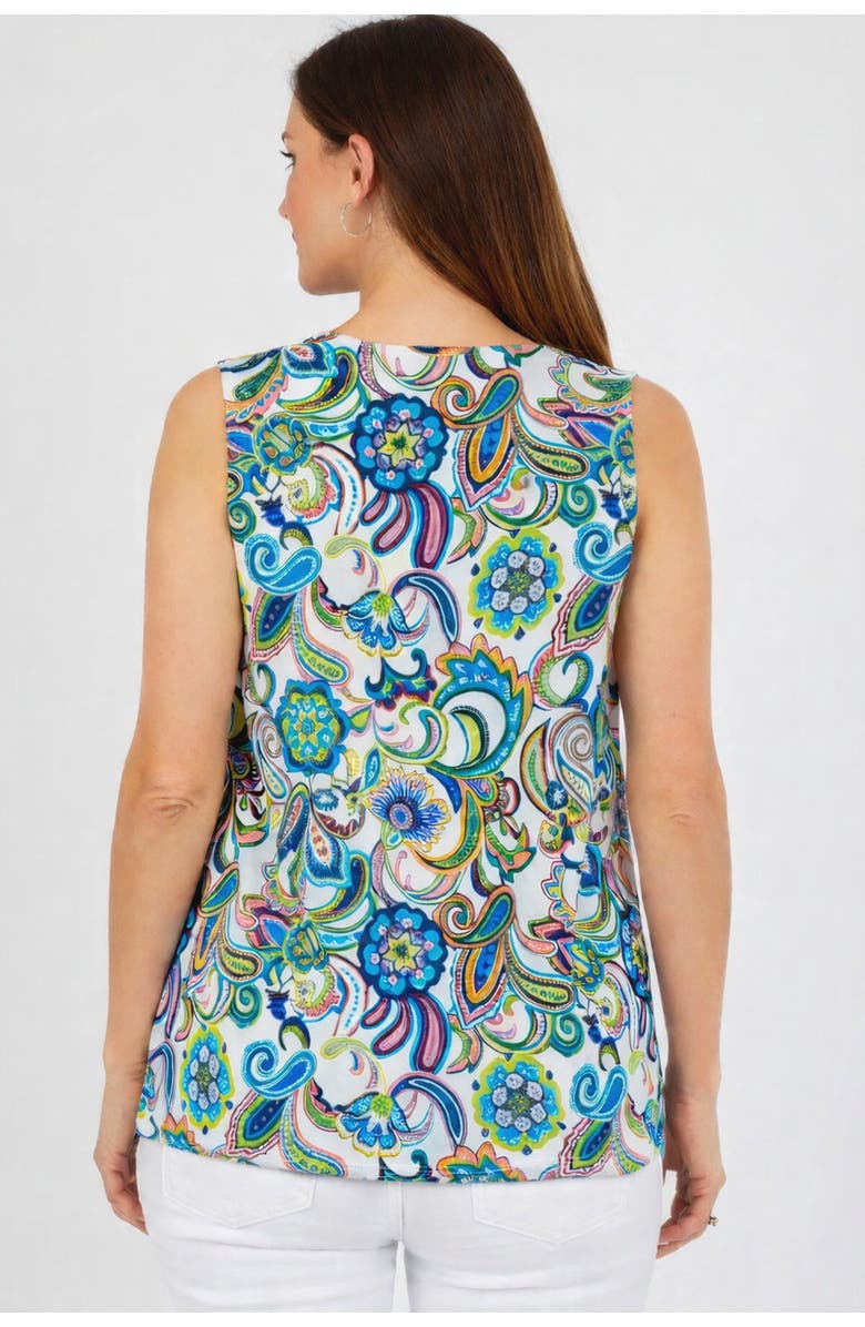 Jessica London Stretch Cotton V-Neck Trapeze Tank, Alternate, color, White Multi Paisley