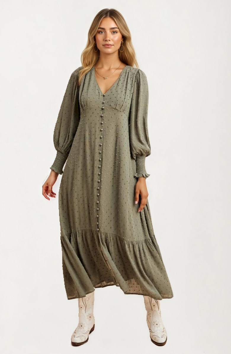 Knit and Lounge Button Front Puff Sleeve Maxi Dress, Alternate, color, 