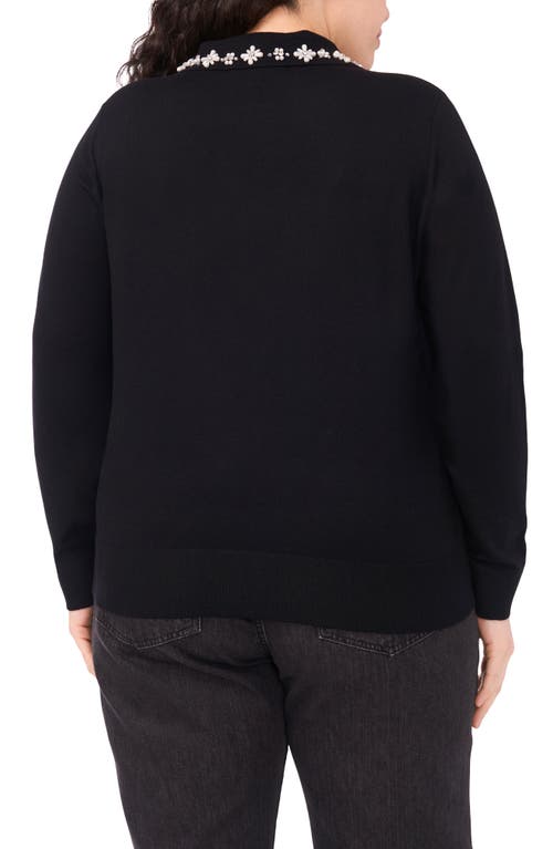 Cece Faux Pearl & Rhinestone Detail Collared Sweater In Black