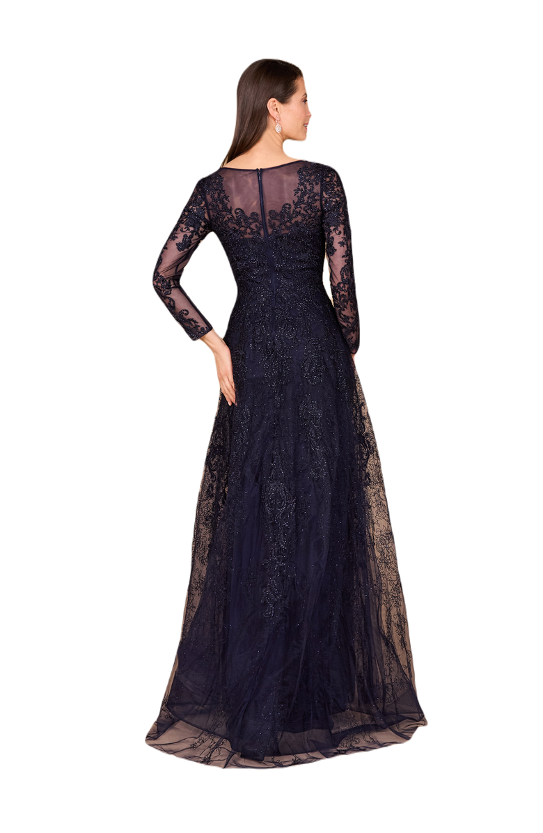 LARA New York Long Bell Sleeve V-Neck Beaded Gown, Alternate, color, Navy