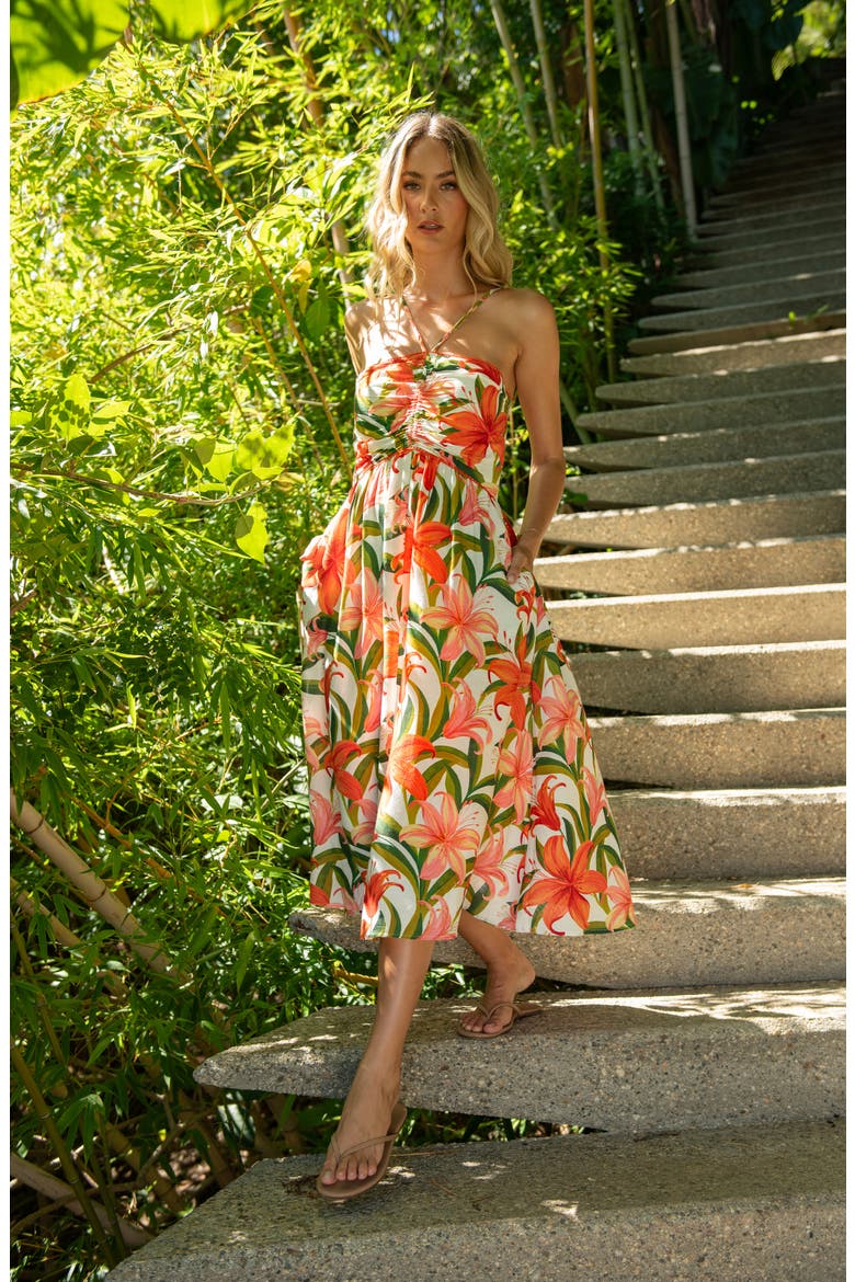 Jungle Blossoms Lace Trim Midi Dress, Alternate, color, ORANGE MULTI