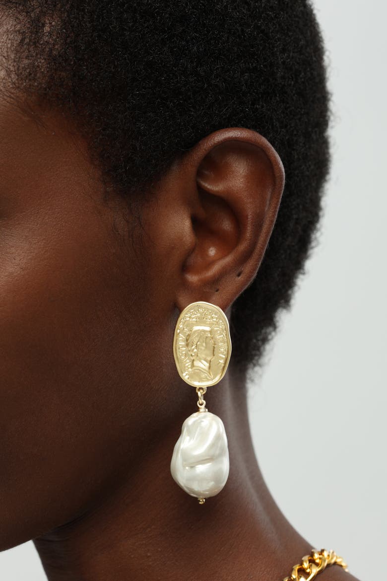 Matted Gold Sculpted Oversized Baroque Pearl Drop Earrings, Alternate, color, Gold
