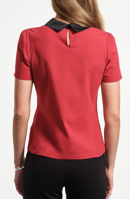 Isaac Mizrahi New York Satin Trim Peter Pan Collar Stretch Cotton T-shirt In Red