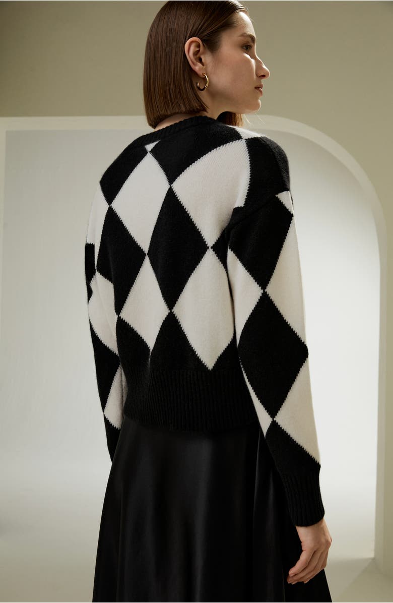 Lilysilk Women's Round Neck Diamond Pattern Cashmere Sweater, Alternate, color, Black