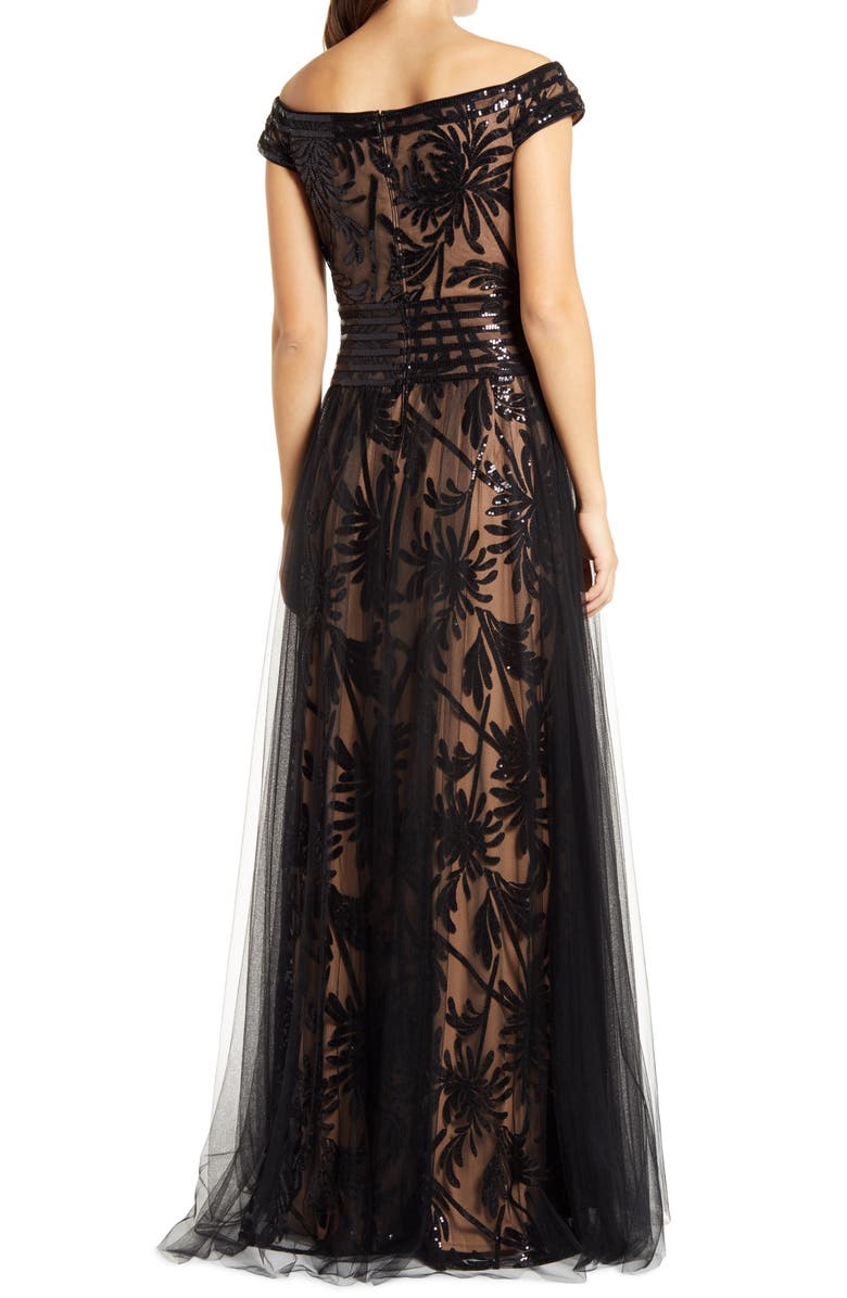 Tadashi Shoji Sequin Illusion Lace Off the Shoulder Cap Sleeve Gown, Alternate, color,