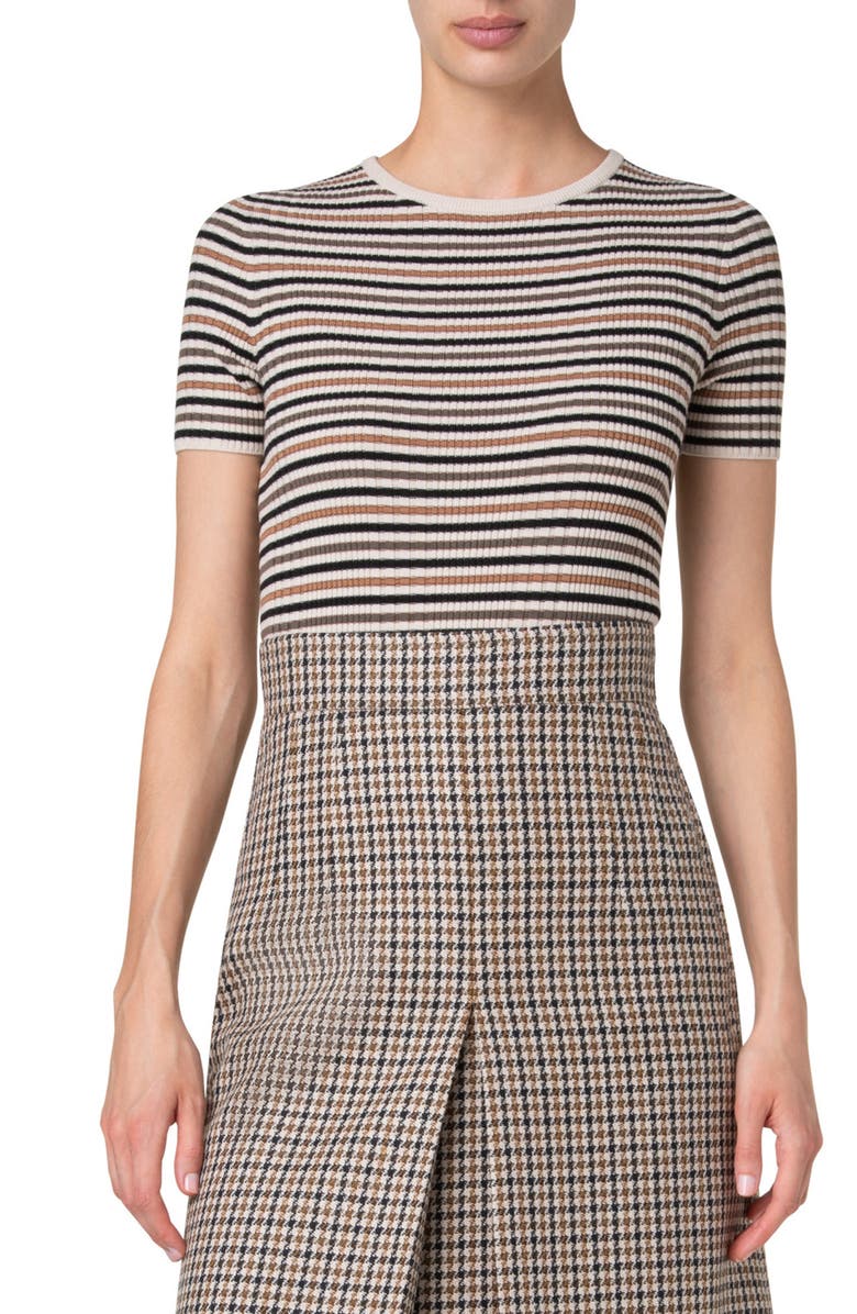Akris punto Stripe Short Sleeve Wool Rib Sweater, Main, color, 