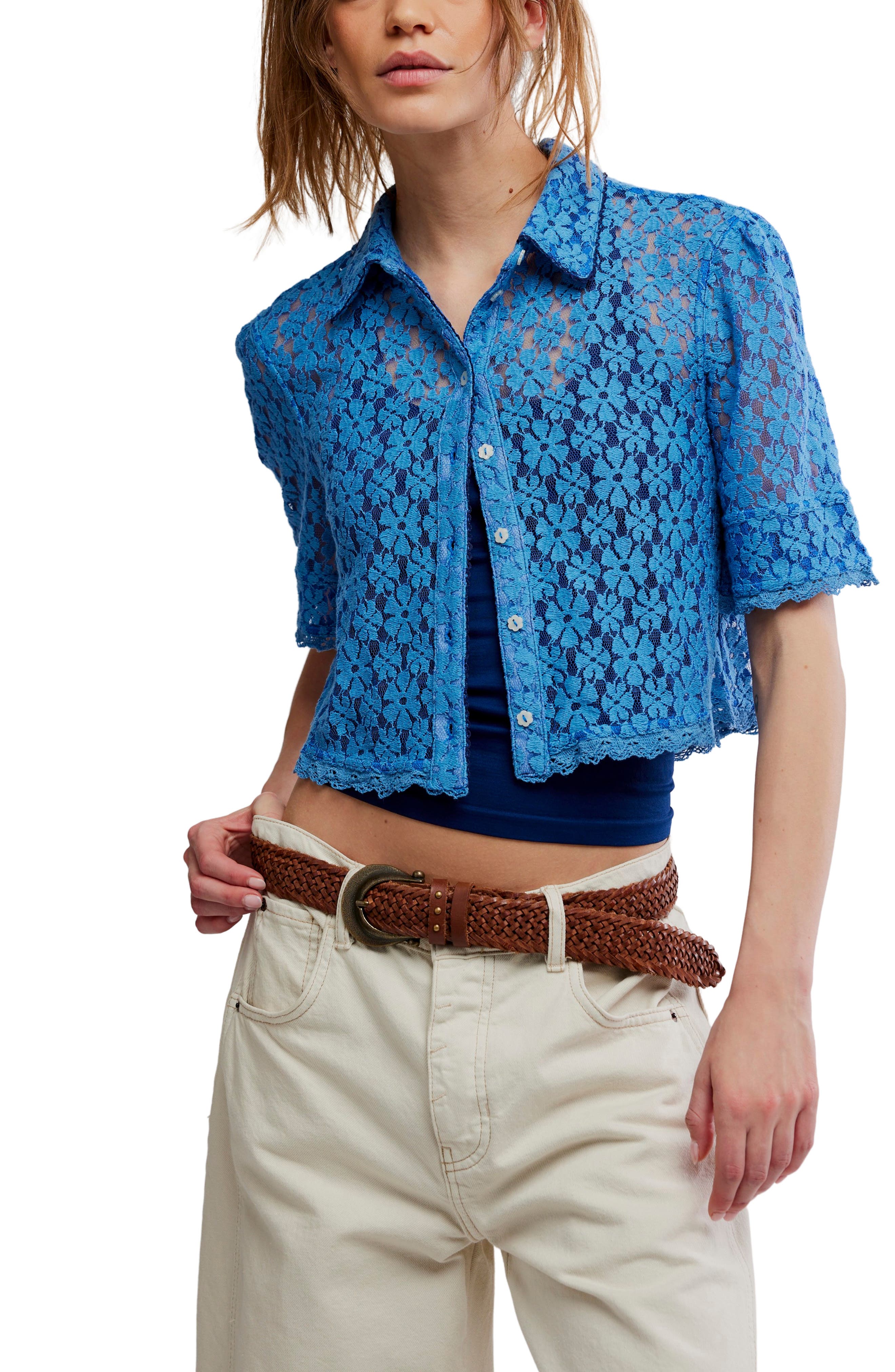 Free People Mannie Floral Lace Button-Up Crop Shirt