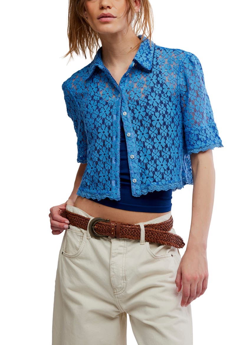 Mannie Floral Lace Button-Up Crop Shirt, Main, color, BLISSFUL BLUE