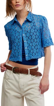 Free People Mannie Floral Lace Button-Up Crop Shirt
