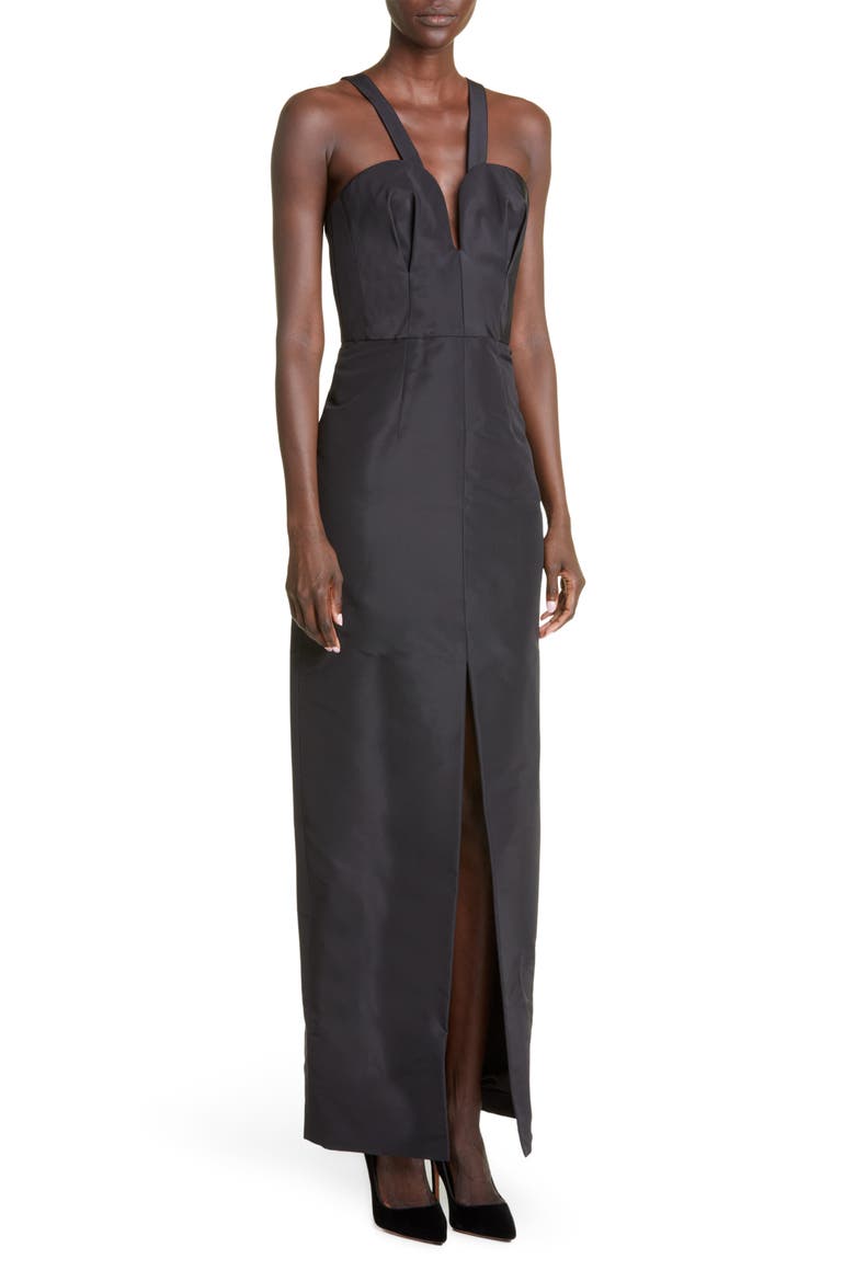 Plunge Neck Gown with Removable Overskirt, Alternate, color, BLACK
