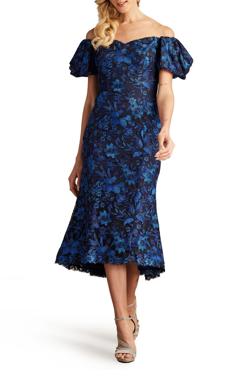 Tadashi Shoji Embroidered Floral Off the Shoulder Midi Dress, Alternate, color, Midnight