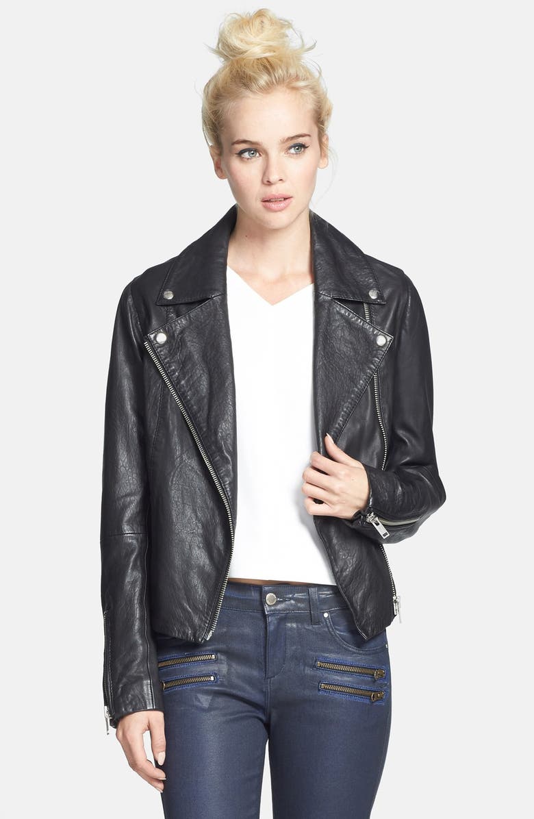 Topshop 'Birthday' Leather Biker Jacket, Main, color, 