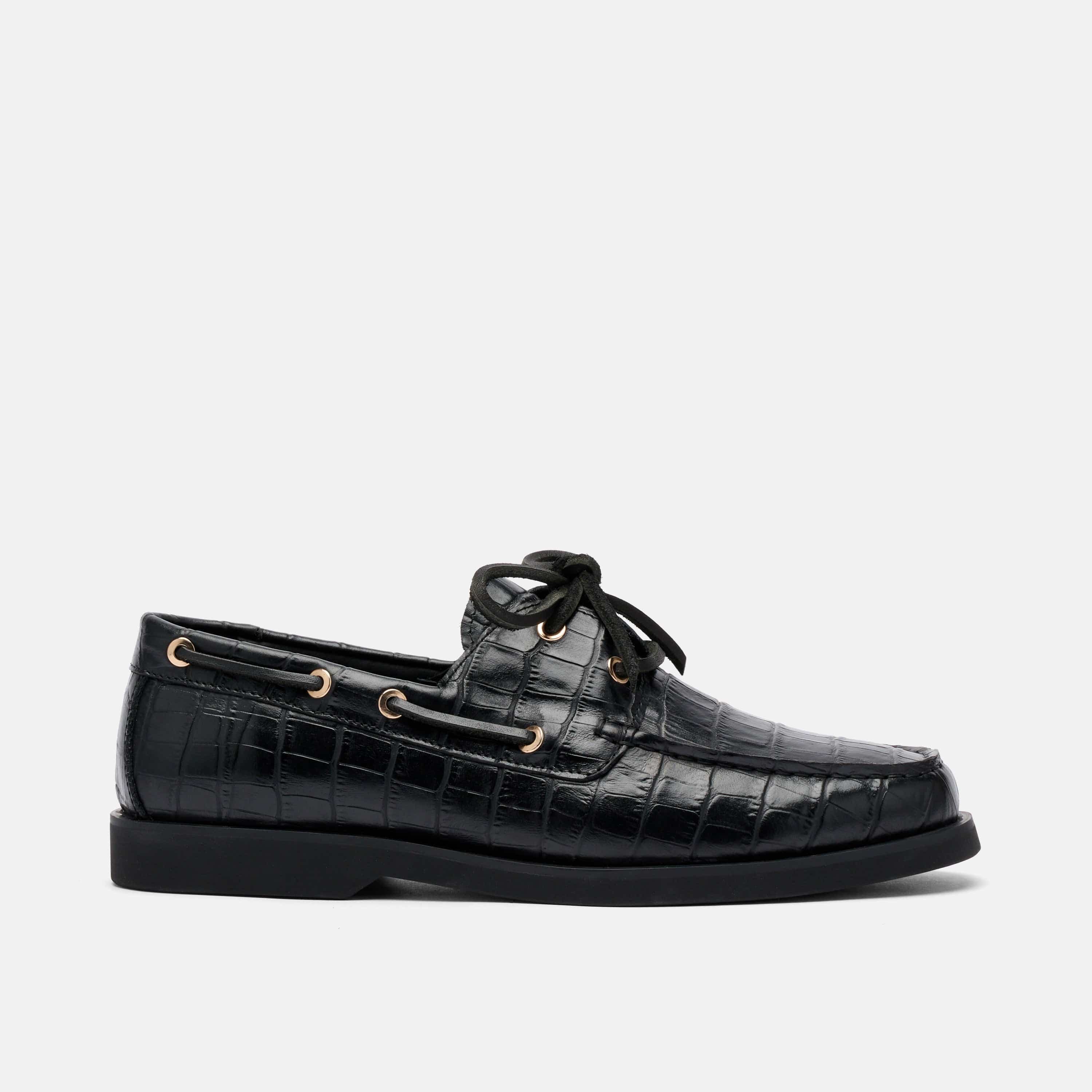 MARC NOLAN Ms. Capri Black Croc Leather Boat Shoes, Main, color, Black