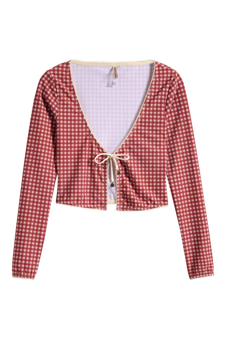 Gingham Tie Front Picot Trim Crop Cardigan, Alternate, color, RED