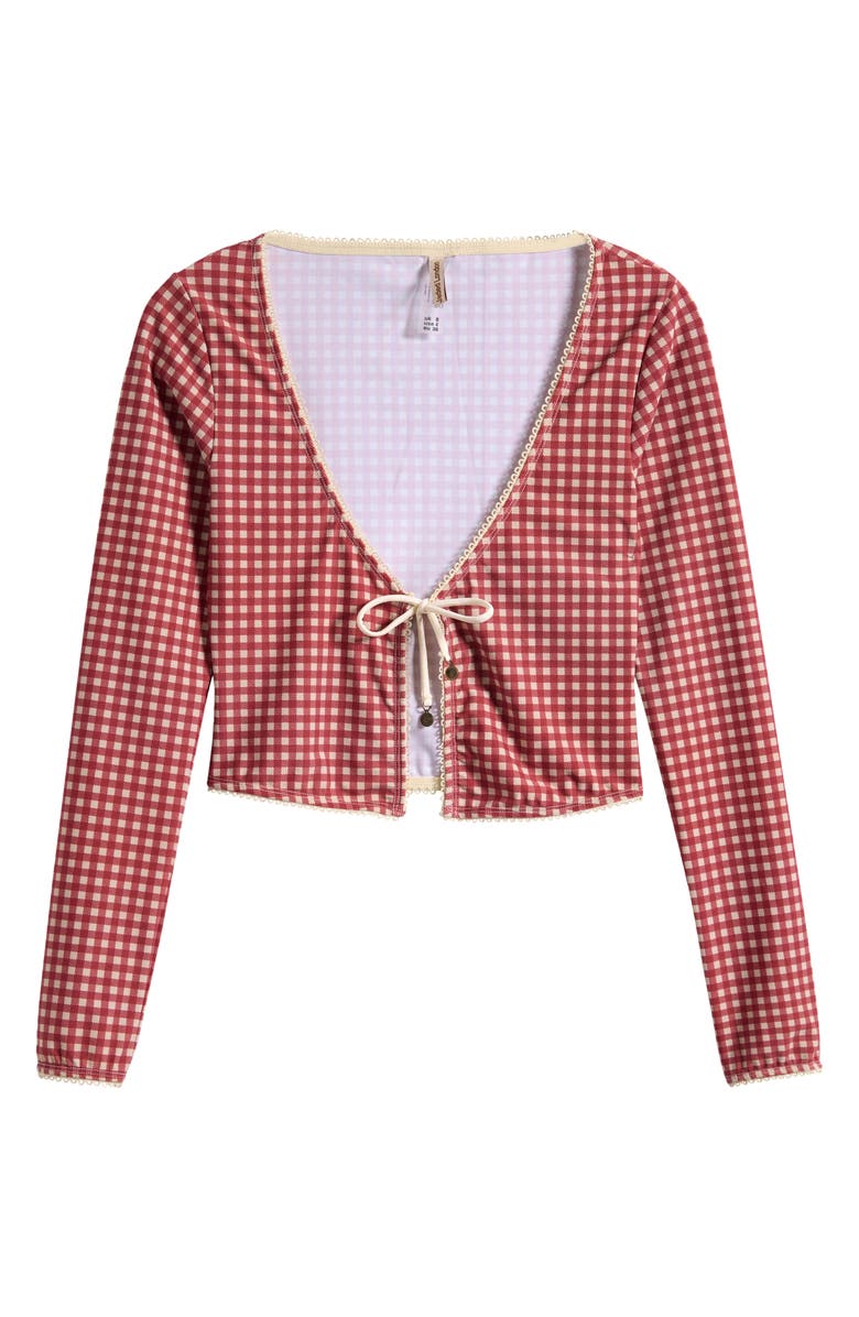 JADED LONDON Gingham Tie Front Picot Trim Crop Cardigan, Alternate, color, Red