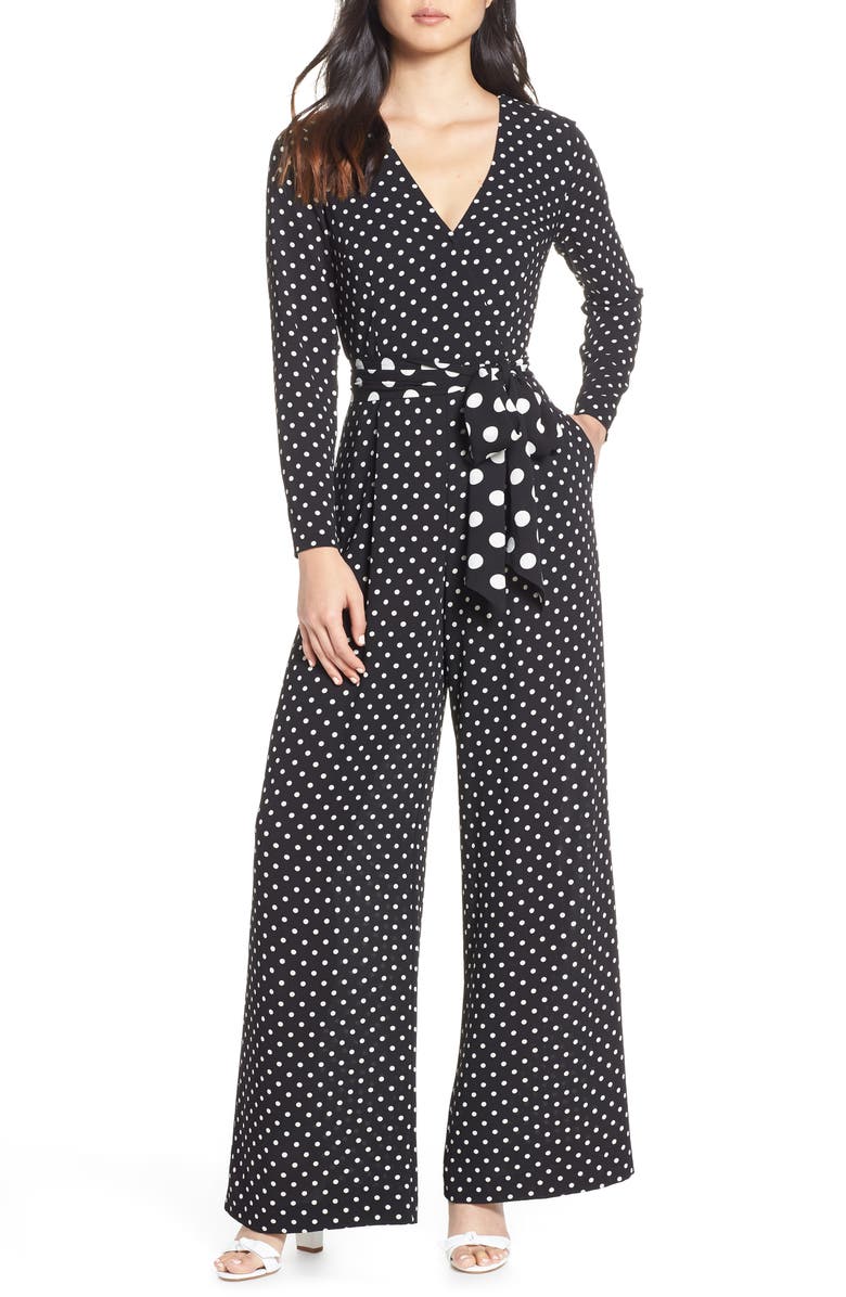 Eliza J Polka Dot Crepe Jumpsuit, Main, color,